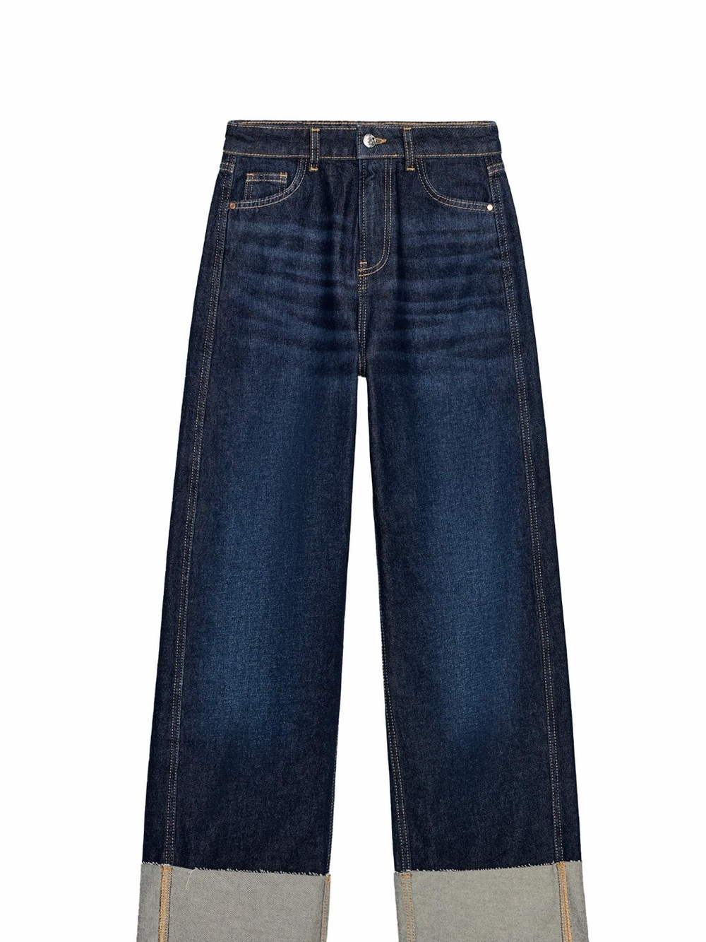 Zara Dark Indigo Mid -Rise Barrel-Leg Cuffed Jeans
